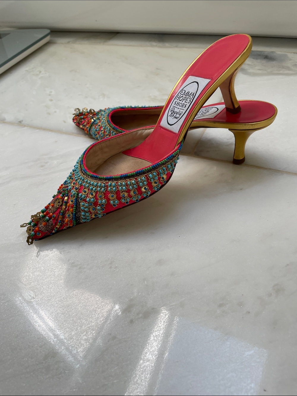 Emma Hope Coral Beaded Pointed-Toe Mules with Gold Heel